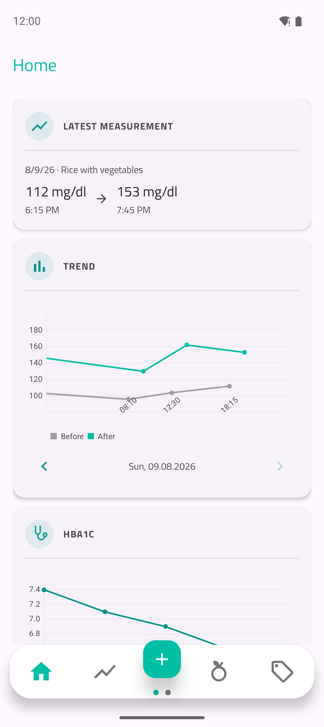 Dashboard with blood sugar history