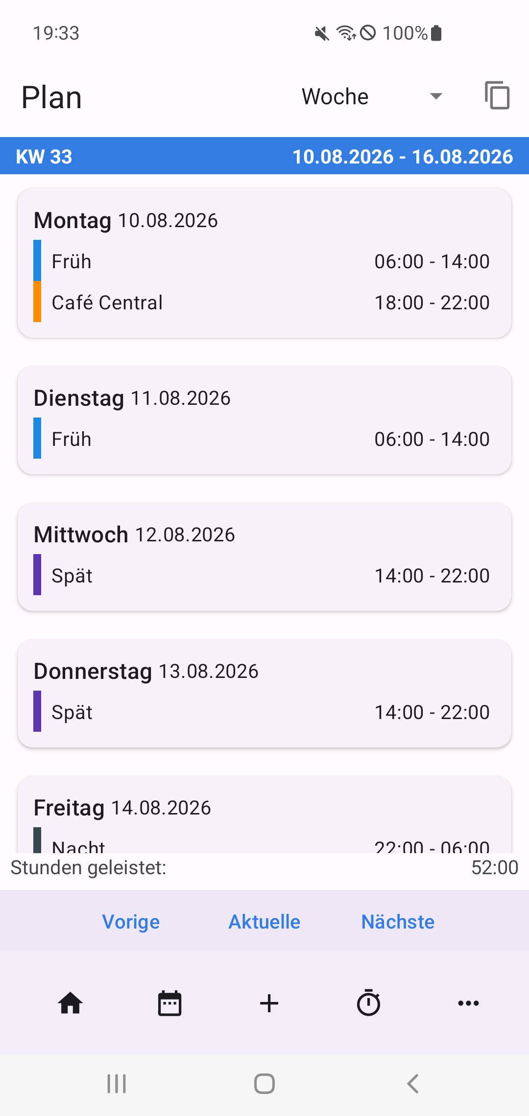 Wochenplan mit Schichten