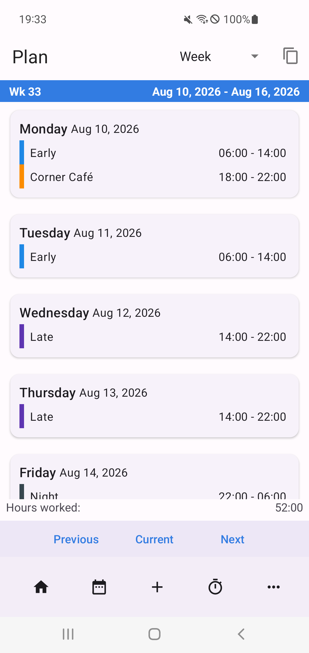 Weekly plan with shifts