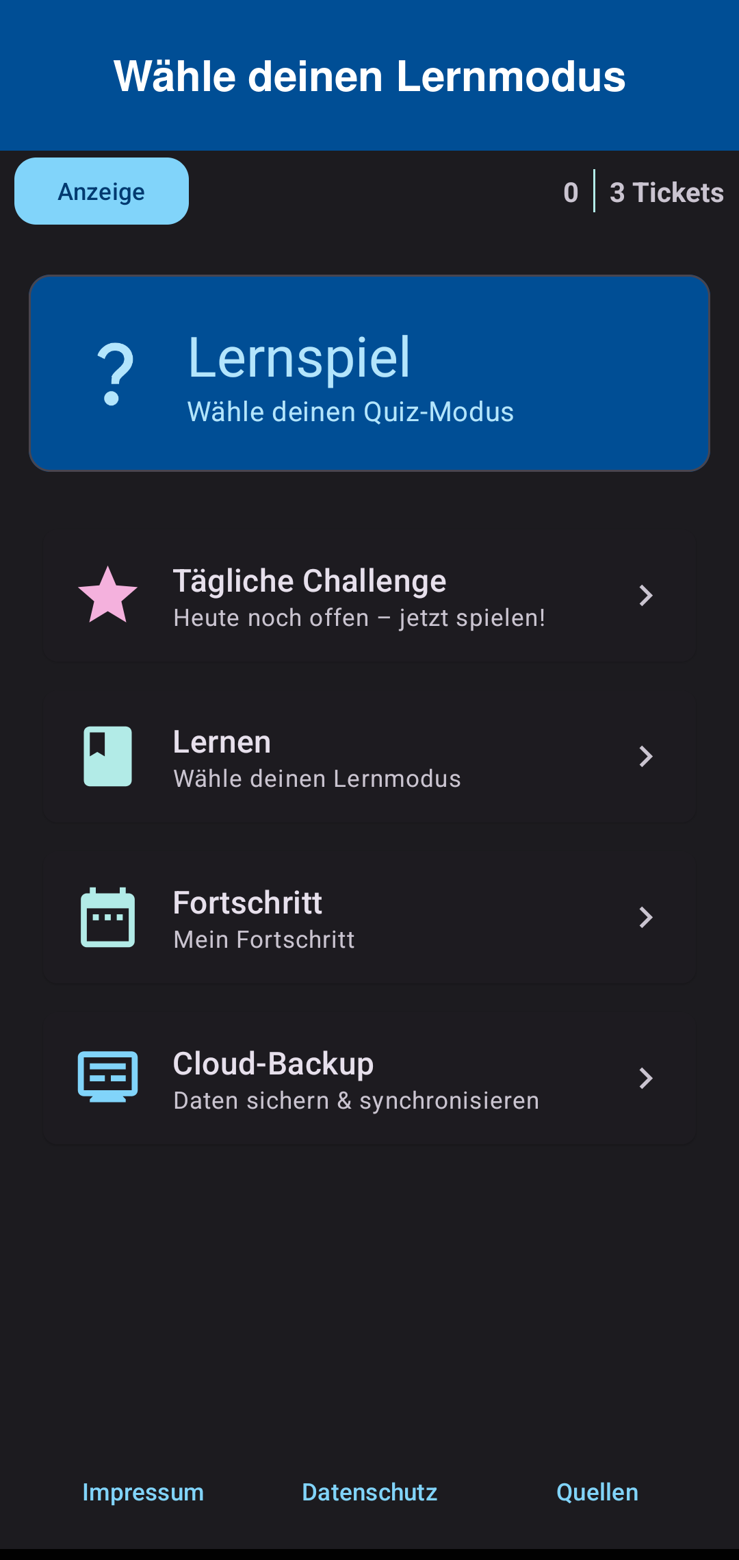 Hauptmenü der Lernspiel-App