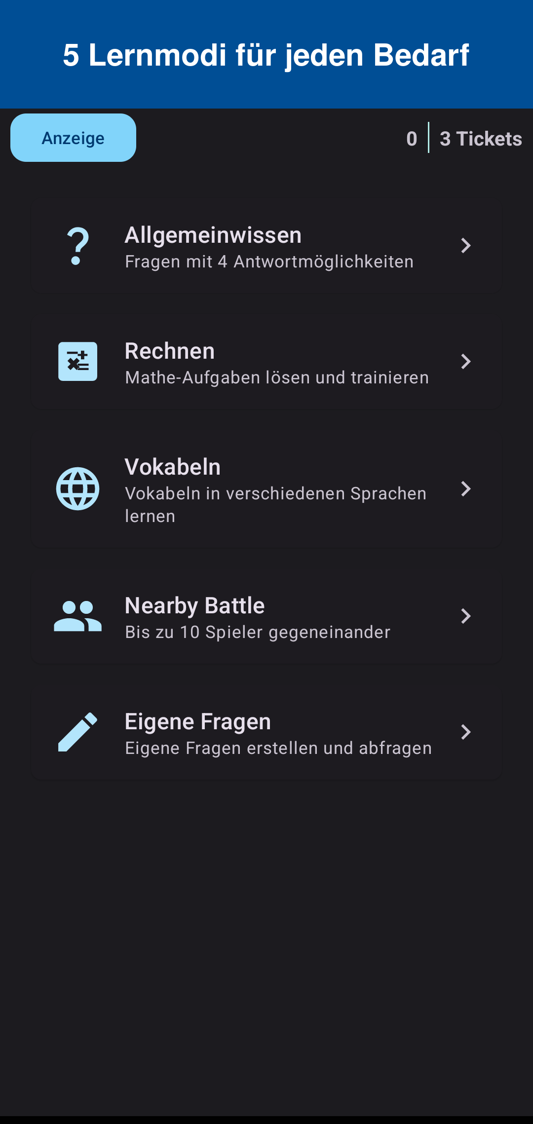 Lernbereich mit Spielmodi