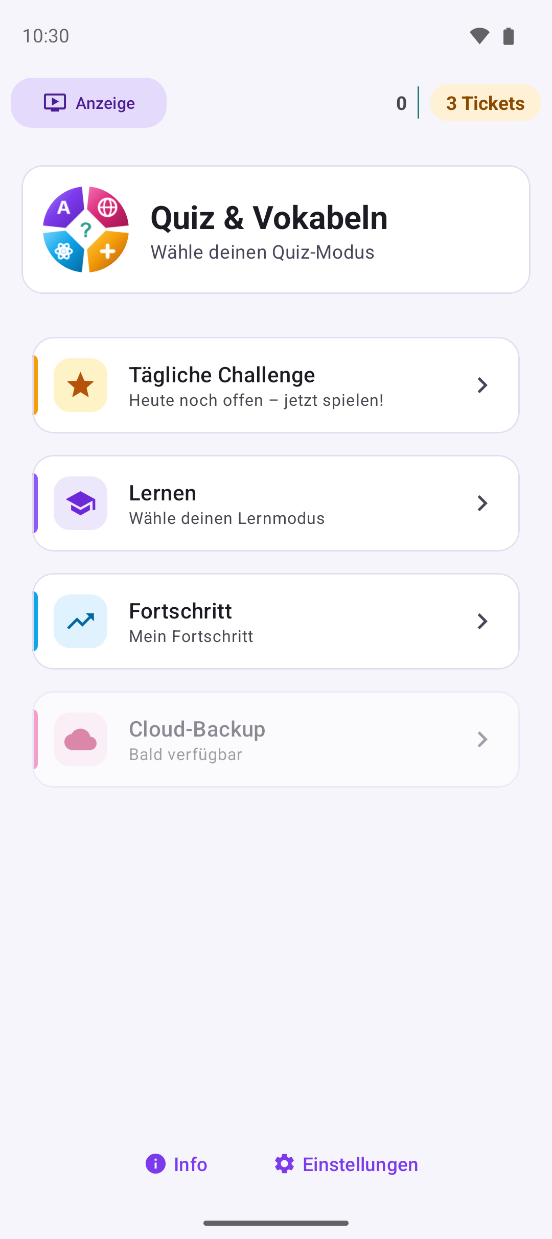 Startseite der Lernspiel-App