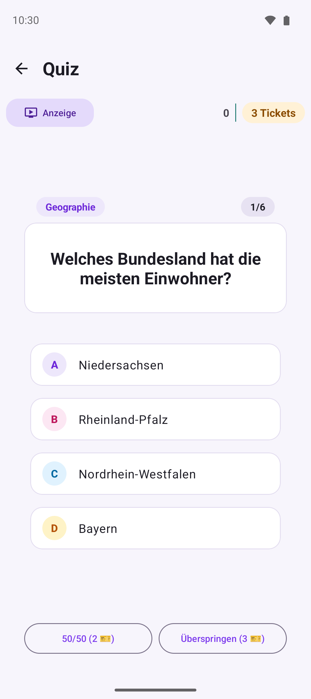 Quizfrage mit vier Antworten