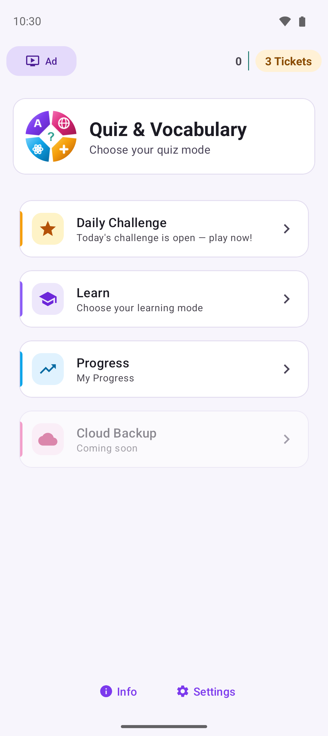 Learning Game home screen