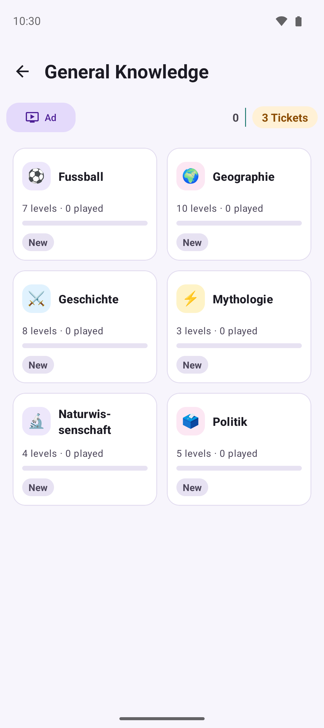 General knowledge: categories with progress