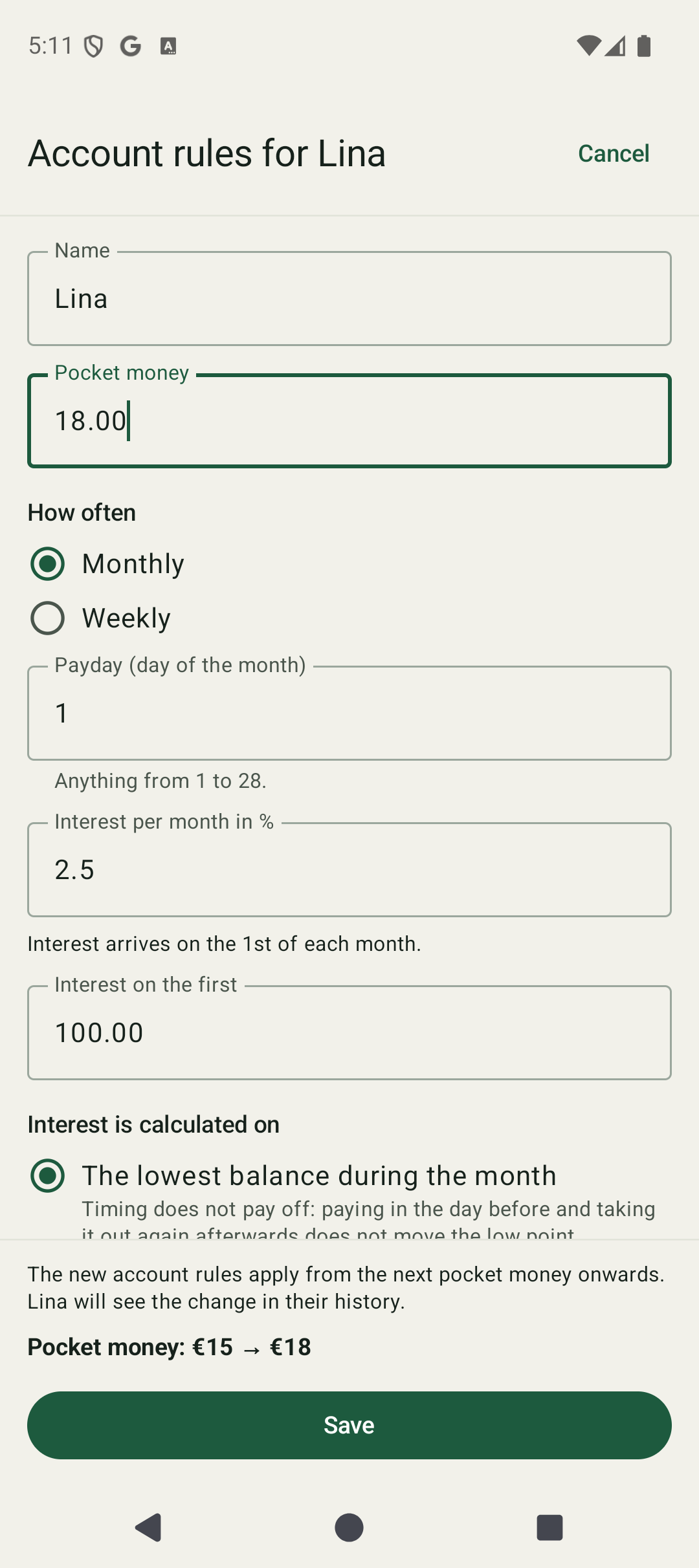 Account rules with a before/after preview