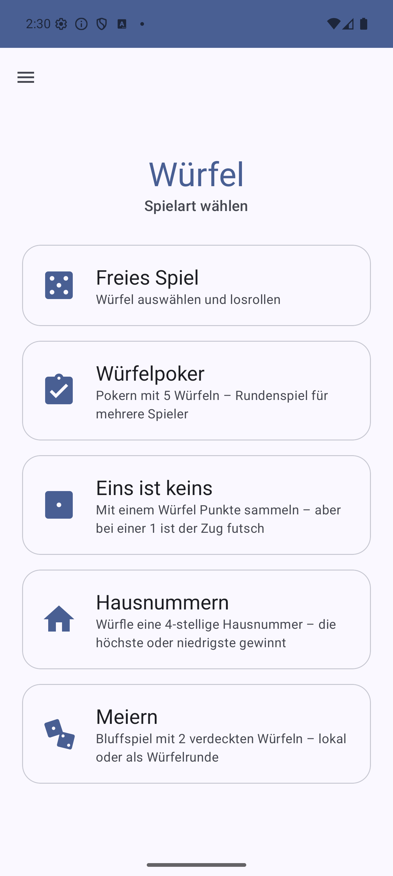 Startbildschirm der Würfel-App