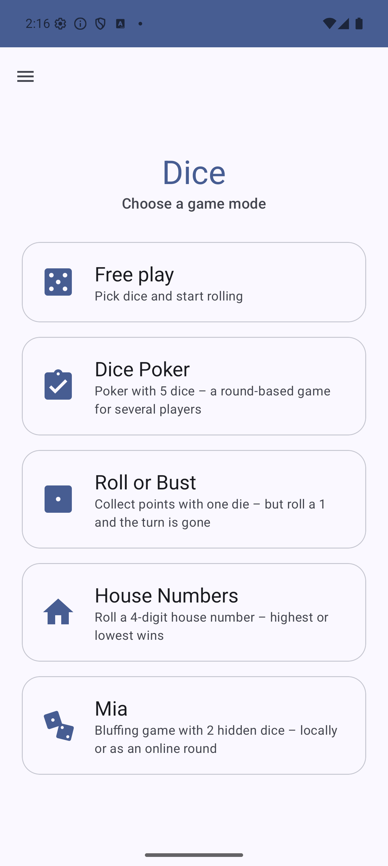 Dice app start screen